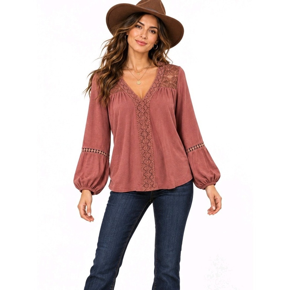 NWT Boho Western Lace Trim Peasant Top SM Dusty Rose Balloon Sleeve Blouse